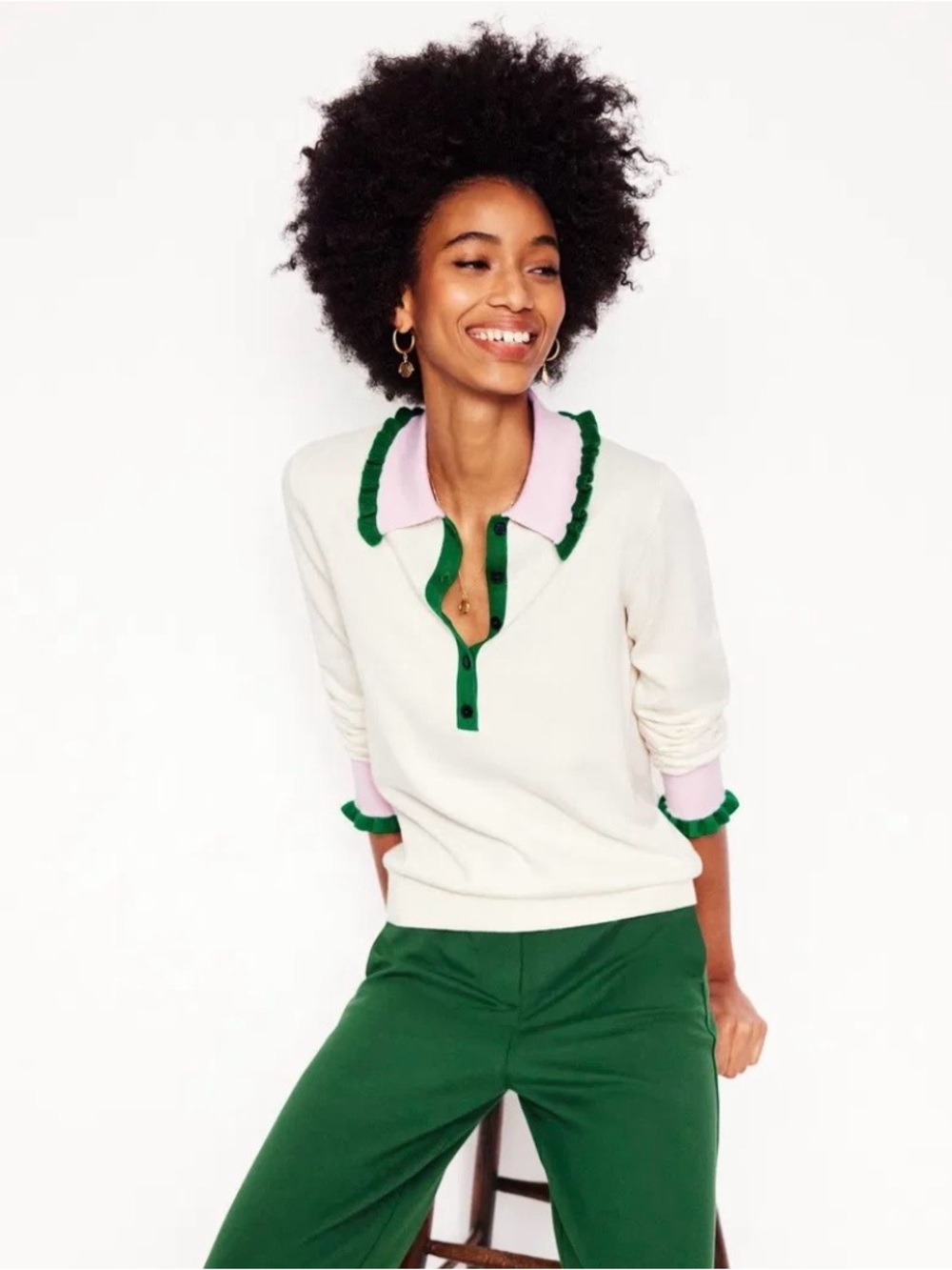 BODEN Cotton Blend Frill Jumper Ivory Pink Green Polo Sweater Women’s L